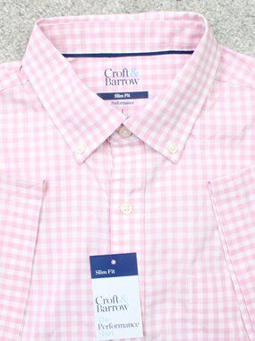 Croft & Barrow Performance Shirt NWT Mens Large Pink/White Check Slim Fit S/S